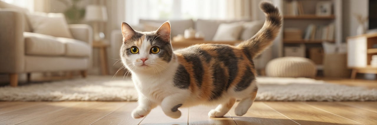 Munchkin cat walking in a cozy living room
