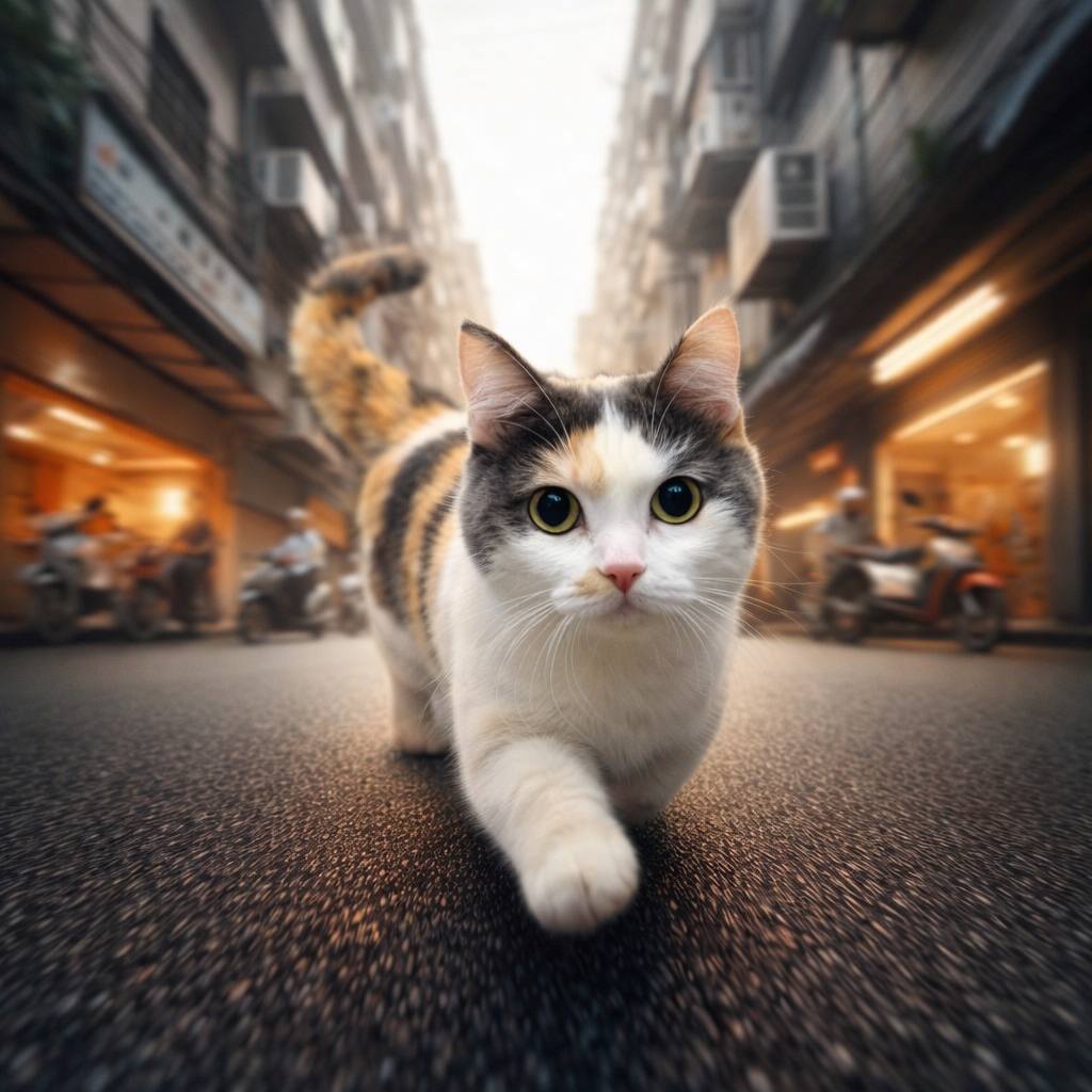 Munchkin cat running in an urban street