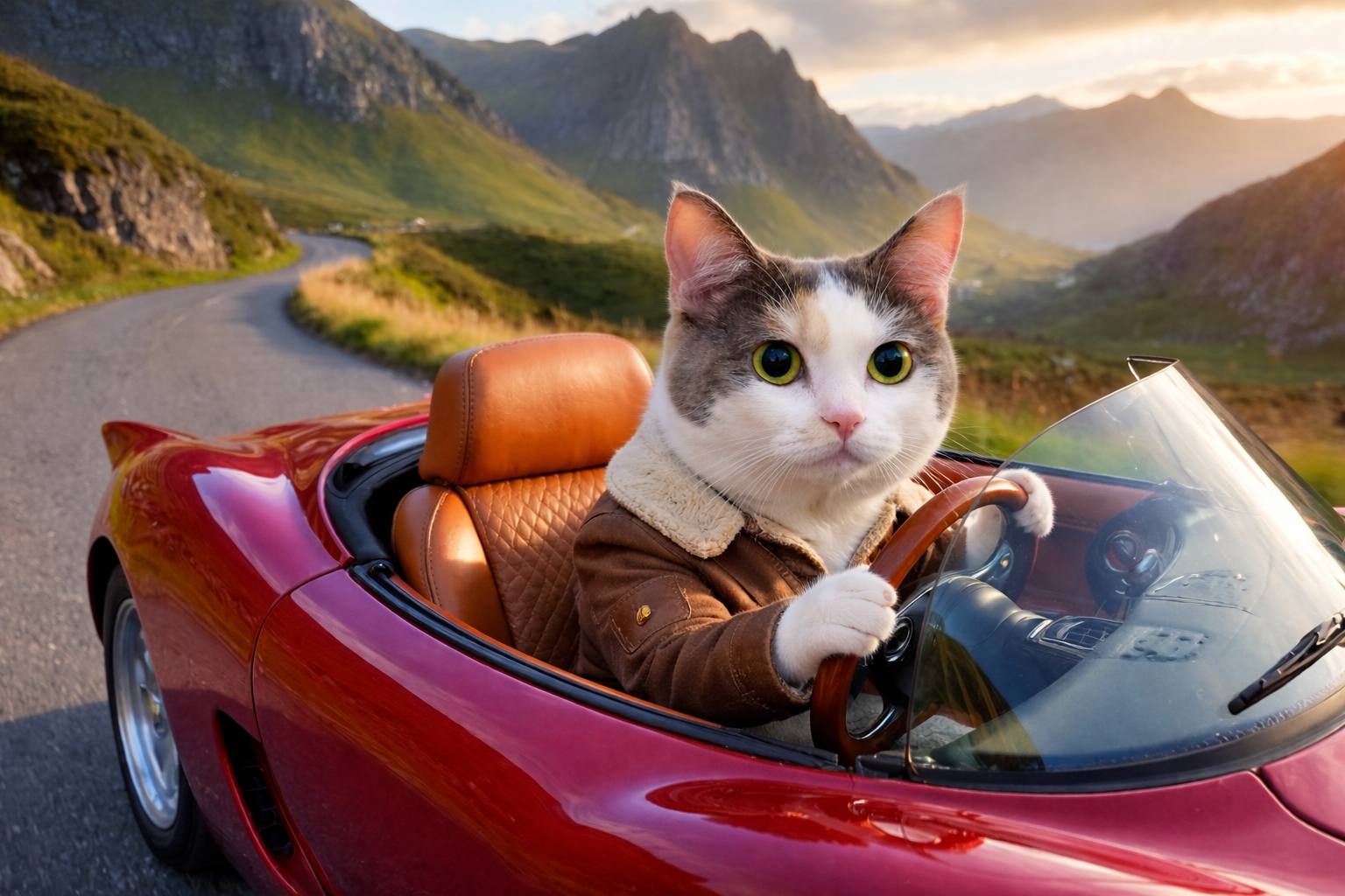 Munchkin cat driving a red convertible on a mountain road