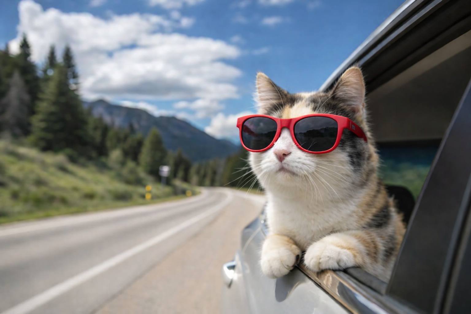 Munchkin cat with red sunglasses enjoying a road trip