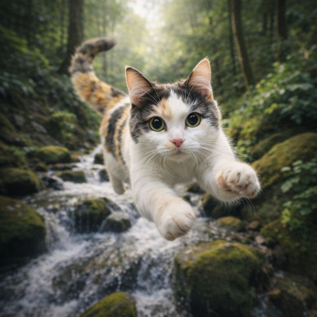 Munchkin cat jumping over a forest stream