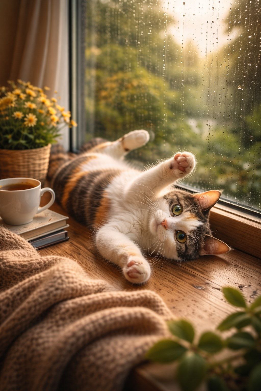Munchkin cat relaxing by a rainy window